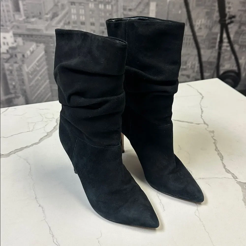 Schutz Ashlee Suede Slouch Mid-Calf Booties Stiletto Heel Boots Black 7.5 - Picture 3 of 10